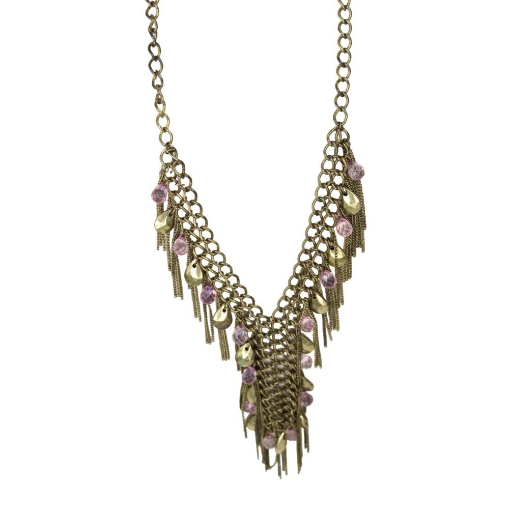 Chain Fringe Necklace Antiqued Goldtone 91904 Vintage Beaded Pendant